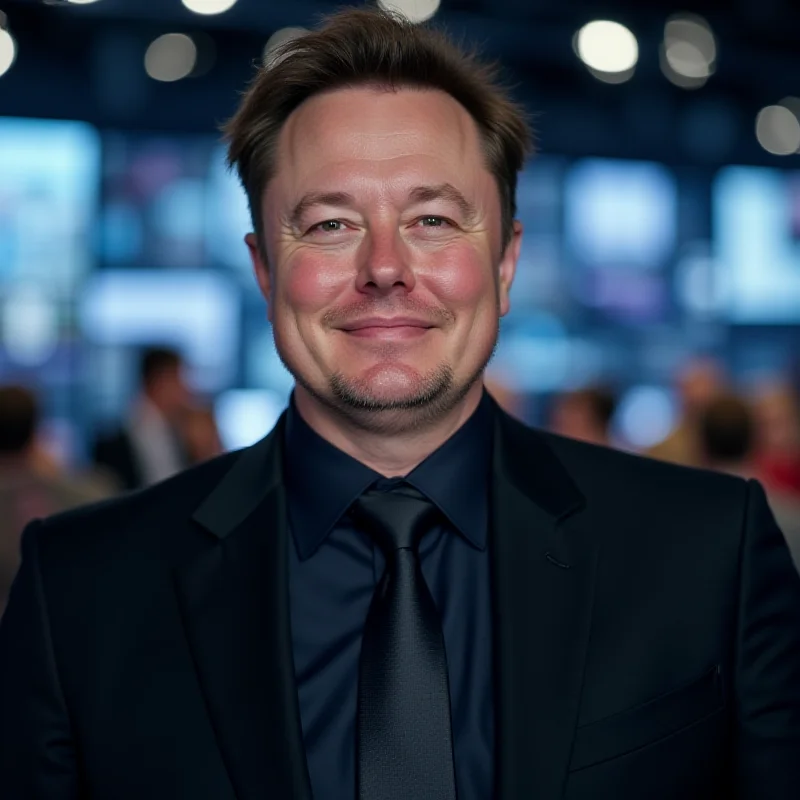 Elon Musk smiling slightly, wearing a dark suit and tie, with a blurred background of a technology conference