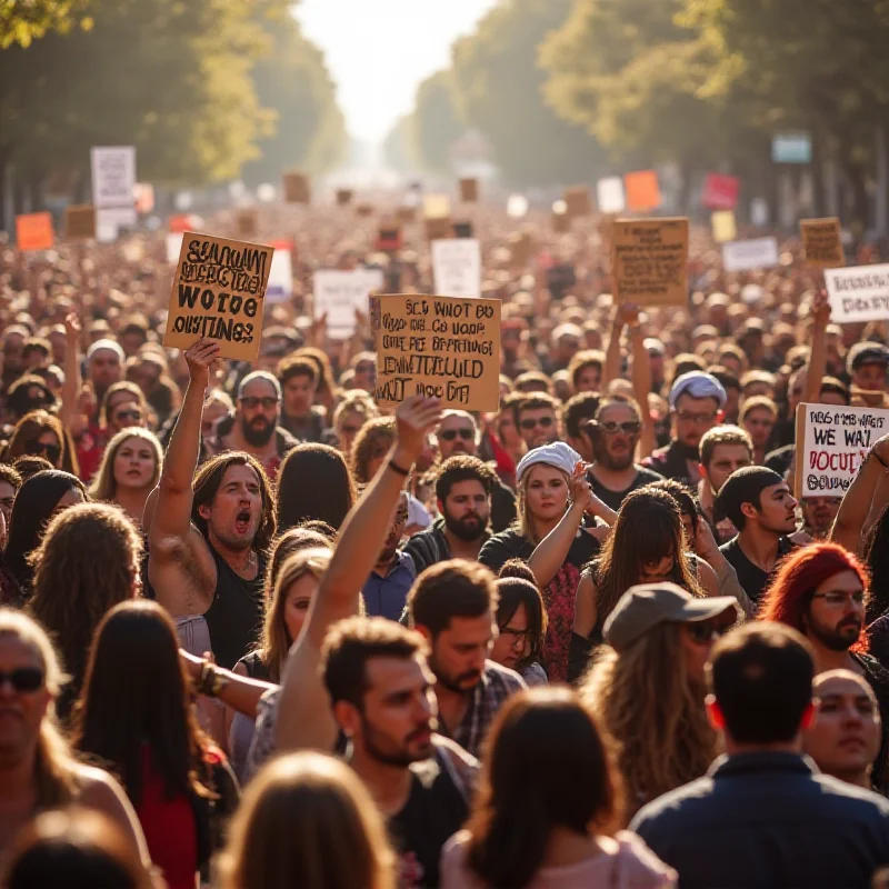 Crowd protesting with signs at a political rally.