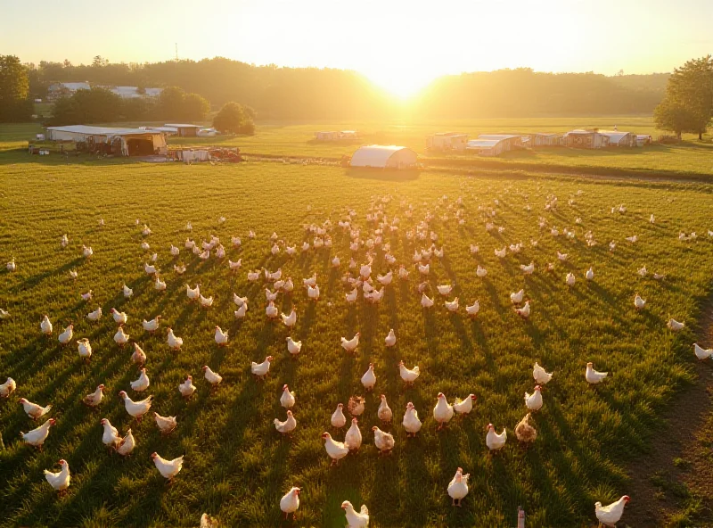 Aerial view of a chicken farm with thousands of chickens roaming freely.