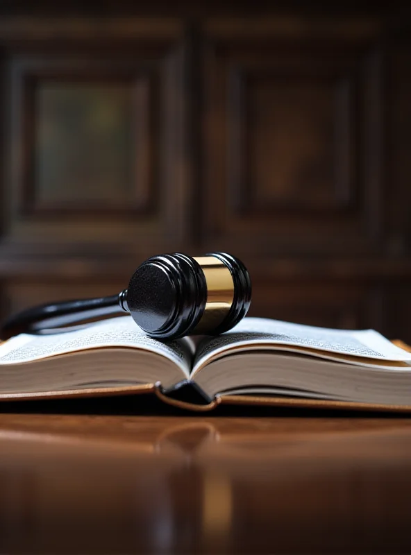 Close-up of a gavel resting on a law book in a courtroom setting.