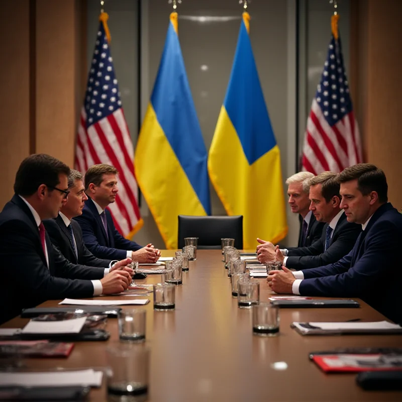 Meeting between US and Ukrainian officials at a conference table. Flags of the United States and Ukraine are displayed in the background.