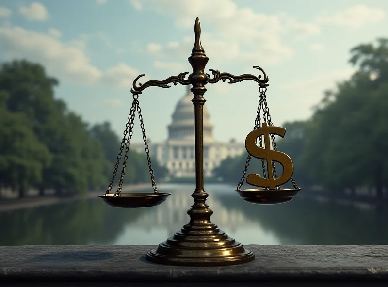 An illustration depicting the scales of justice with a dollar sign on one side and the White House on the other, suggesting a financial debt owed by the government.