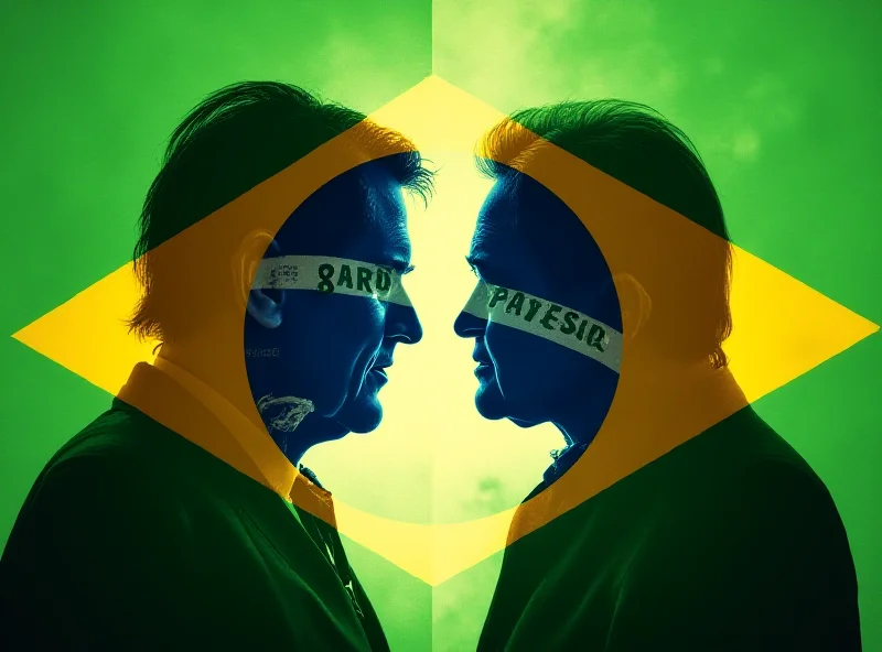 A digitally manipulated image showcasing the Brazilian flag with Bolsonaro and Lula figures in the background, representing the political tension.