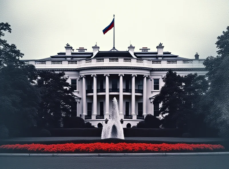 Illustration of the White House with a faint Russian flag overlayed. A news ticker at the bottom displays the headline: 'White House Accused of Kremlin Ties'