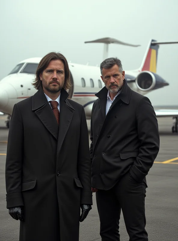 A digitally enhanced image of Andrew and Tristan Tate standing in front of a private jet, looking serious. A Romanian flag is subtly visible in the background, and the US flag is subtly visible on the plane's tail.