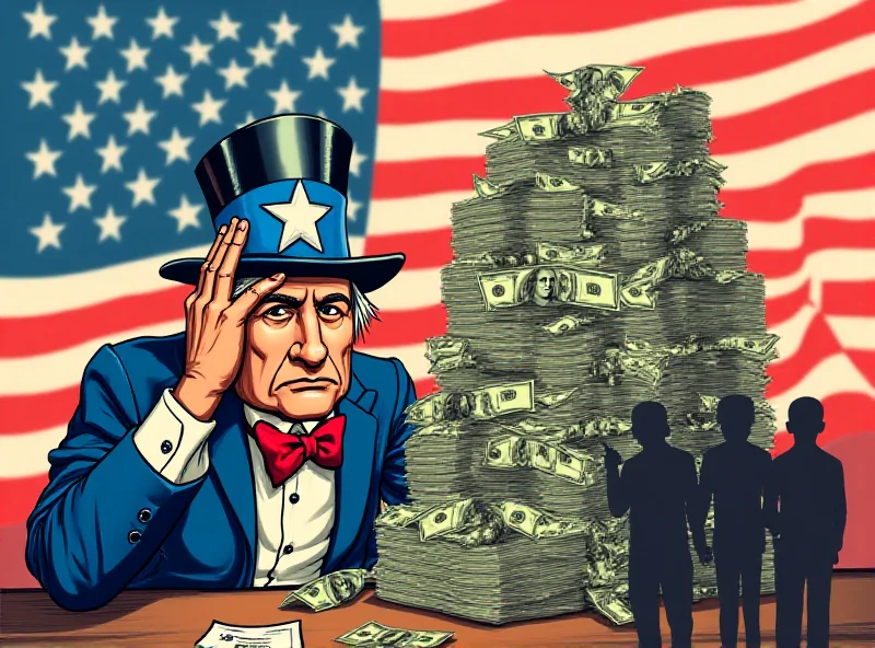 A digital illustration depicting Uncle Sam with a worried expression, looking at a large stack of money being poured into a group of ambiguous, shadowy figures representing NGOs. The background is a stylized US flag with dollar signs instead of stars.