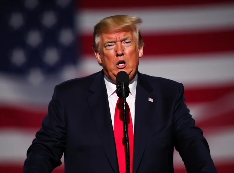 Donald Trump speaking at a podium with an American flag in the background.