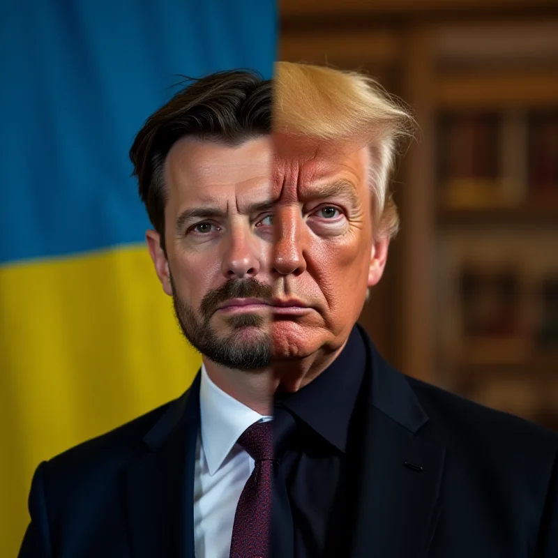 A split image. On one side, a serious portrait of Volodymyr Zelensky against the backdrop of the Ukrainian flag. On the other side, a portrait of Donald Trump in the Oval Office.