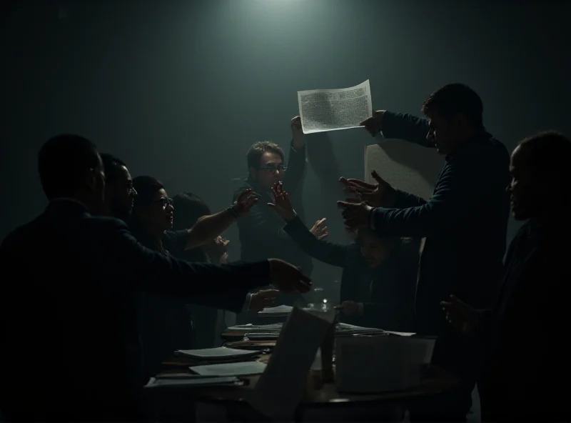 A symbolic representation of redacted documents being leaked to a group of bloggers. The scene is dimly lit and suggests secrecy.