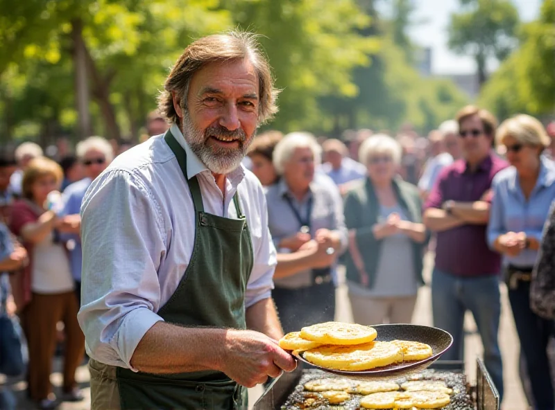 Andrej Babiš frying potato pancakes at a campaign event