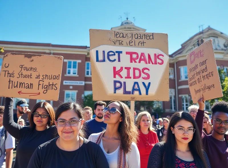 Protesters holding signs supporting trans athletes