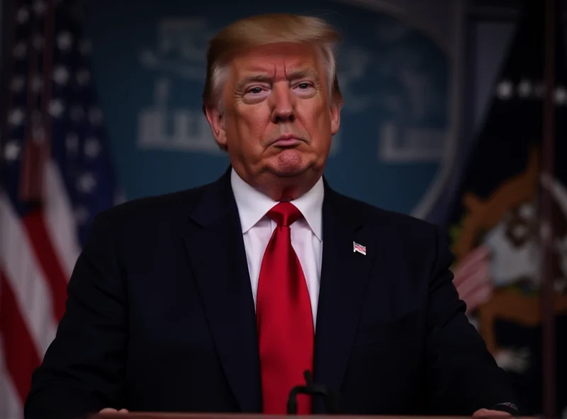 Donald Trump at a podium addressing the press, with the American flag in the background.