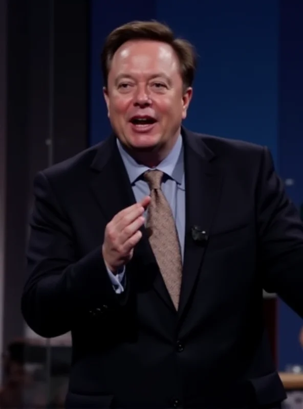 Elon Musk speaking at a conference, wearing a suit and tie, with a microphone in front of him.