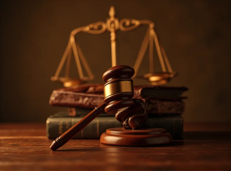 A gavel resting on a stack of law books, with the scales of justice in the background.