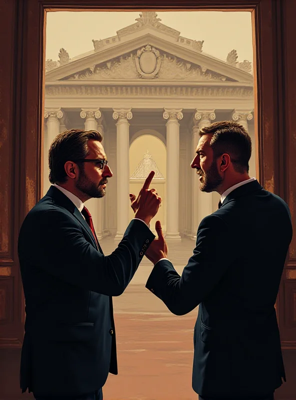 Illustration of two politicians arguing in a government building in Slovakia.