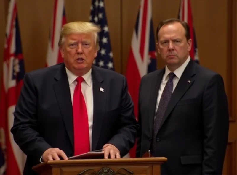 Donald Trump speaking at a podium with a confused expression, British Prime Minister standing beside him looking concerned.