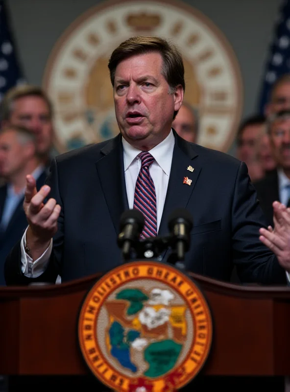 Florida Governor Ron DeSantis speaking at a press conference, looking serious and determined.