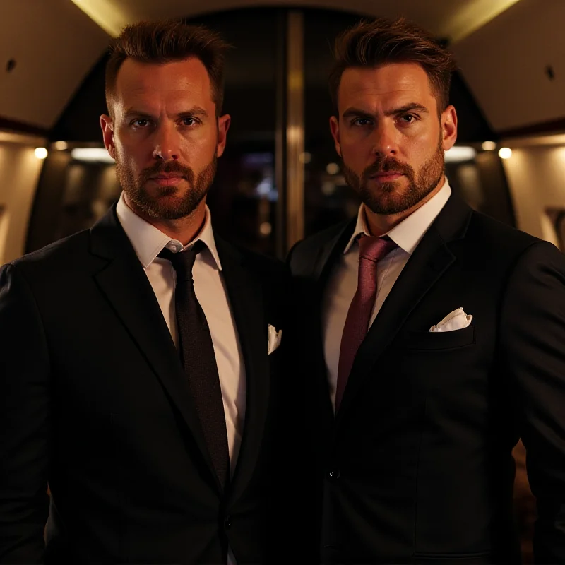 Andrew Tate and Tristan Tate standing side-by-side, looking arrogant and defiant, in a luxurious setting.