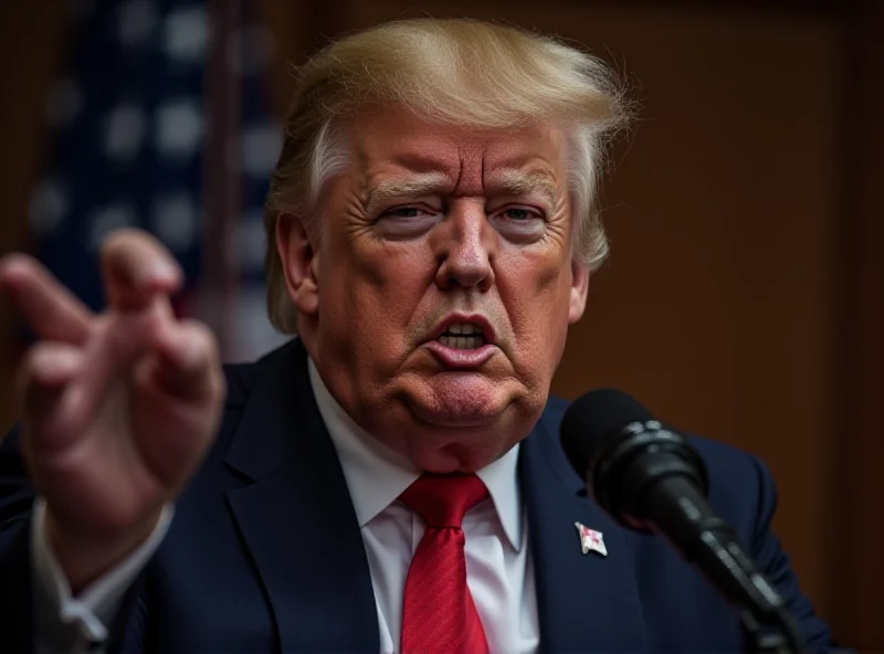 Donald Trump speaking at a podium with an angry expression, in front of an American flag.