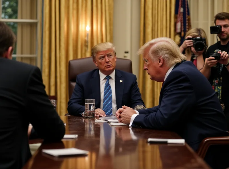 Volodymyr Zelenskyy sitting across a table from Donald Trump, looking concerned, in the Oval Office. Several journalists are present, taking notes and photographs.