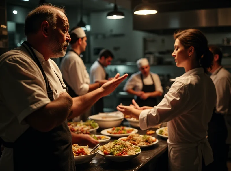 A dimly lit kitchen in an upscale restaurant, showing the intense pressure and activity behind the scenes. Focus on the chef and stressed-out staff.