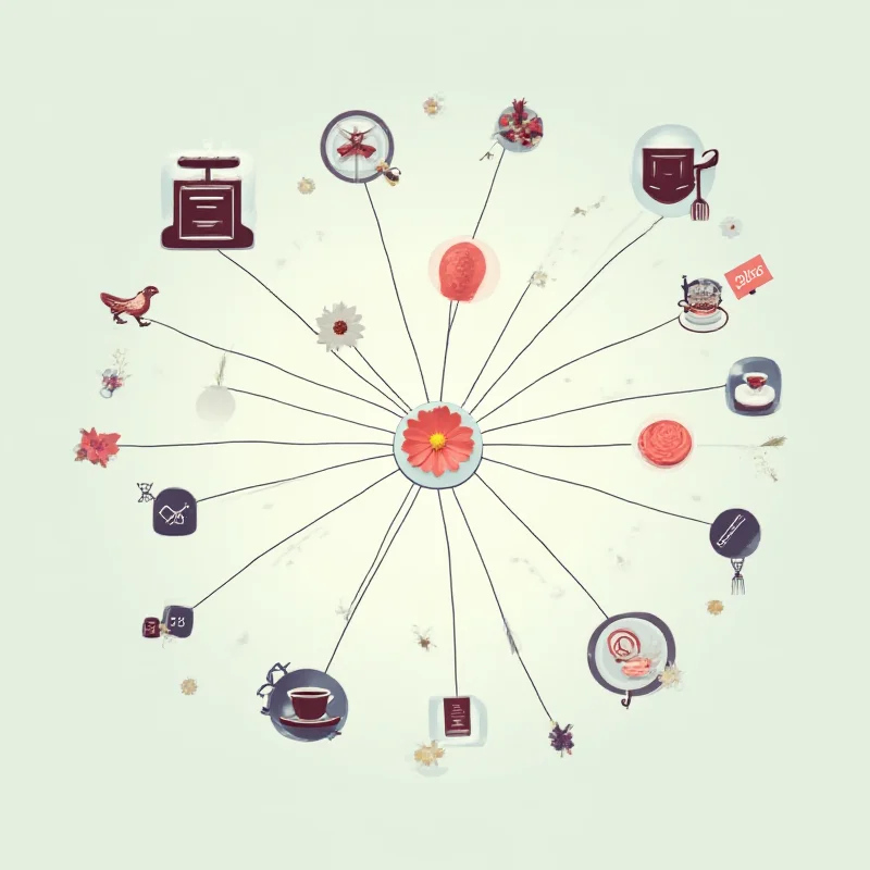 Conceptual image representing the interconnectedness of seemingly unrelated events. Use a web-like structure with various icons representing politics, spirituality, and fine dining.