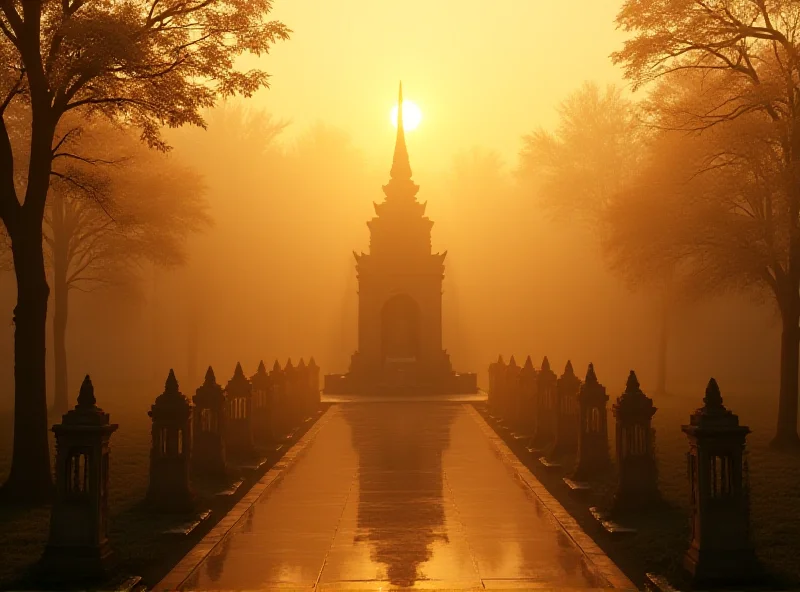 A serene Buddhist temple with a contrasting, faint silhouette of Donald Trump in the background.