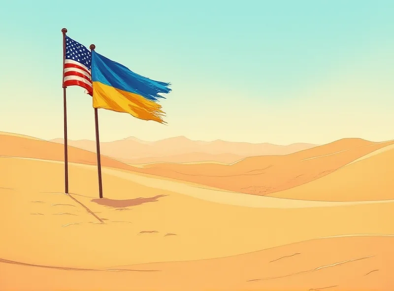 Illustration of US and Ukrainian flags shaking hands in front of a Saudi Arabian landscape.