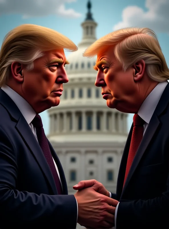 Digital illustration of Donald Trump and Elon Musk facing each other, with the US Capitol building in the background.