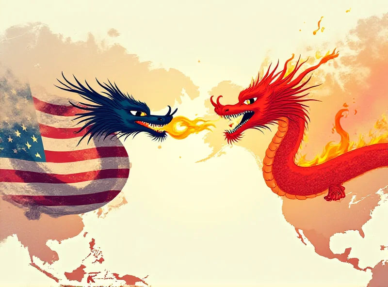 Illustration of two stylized dragons, representing the US and China, breathing fire at each other across a map of the world.