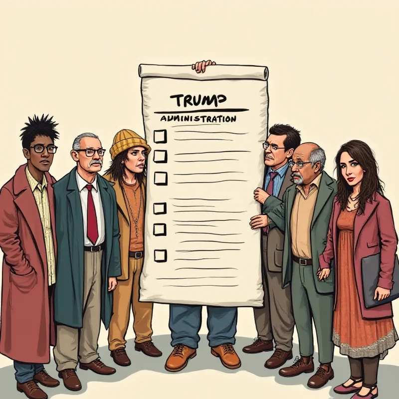 A diverse group of people stand together, representing different aid programs, looking concerned as a giant hand labeled 'Trump Administration' holds a questionnaire in front of them.