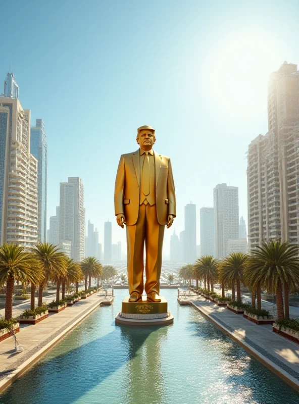 AI generated image of a futuristic Gaza cityscape with a golden statue of Donald Trump in the center, bathed in sunlight.