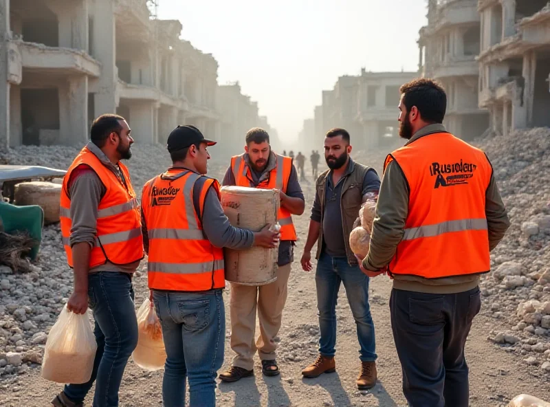 A group of aid workers distributing supplies in a war-torn Gaza, with rubble and damaged buildings in the background.