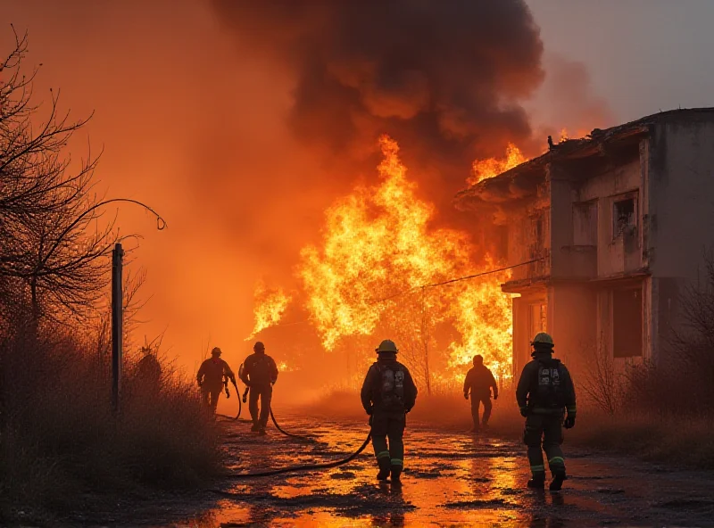 Smoke billowing from a building in Tehran, with firefighters visible in the foreground.