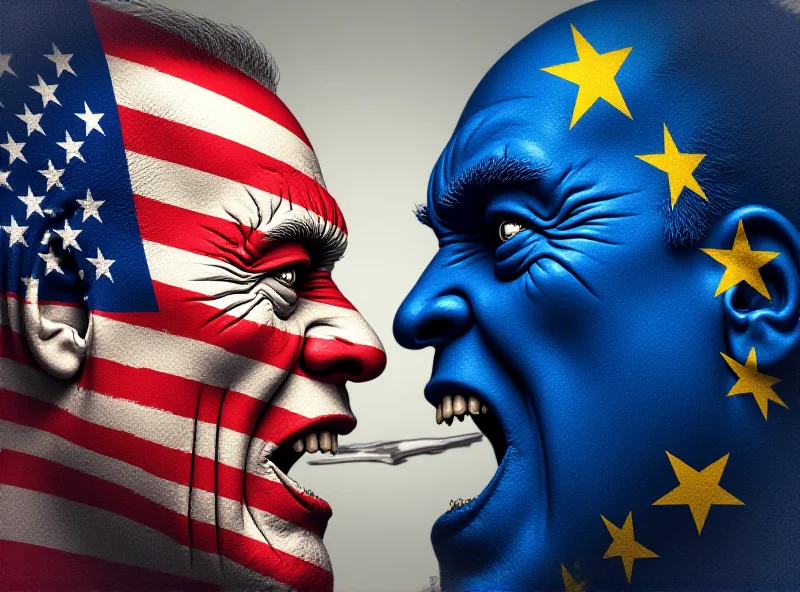 A stylized depiction of trade war with flags of EU and USA fighting.