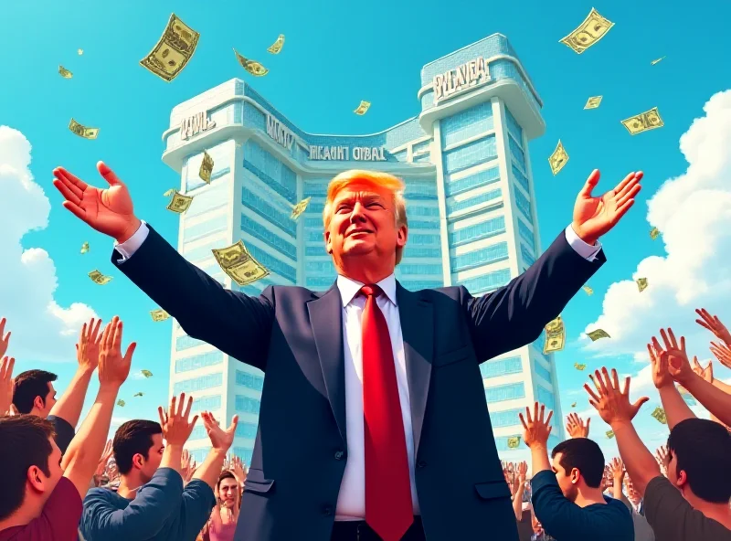 Illustration of Trump standing in front of a luxurious hotel in Gaza, with Elon Musk nearby throwing money in the air.