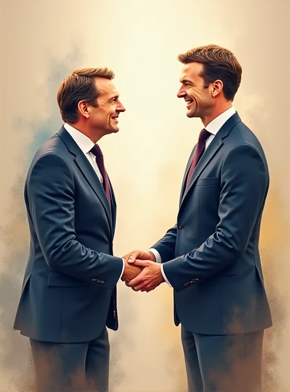 Illustration of Emmanuel Macron and Volodymyr Zelenskyy shaking hands in a formal setting, symbolizing European support for Ukraine.