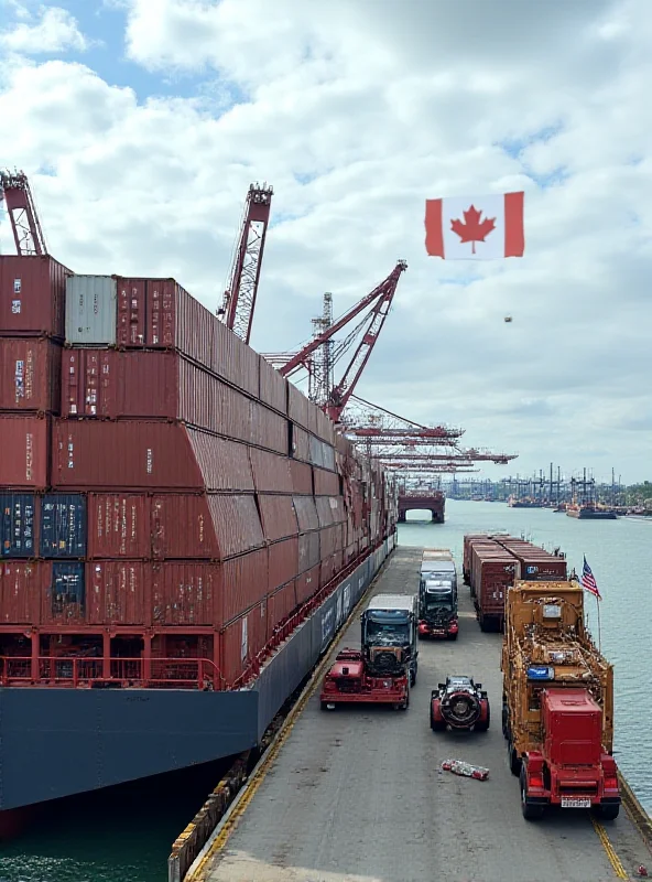 A cargo ship container being loaded at a busy port with various flags of Canada, United States, and Mexico visible, symbolizing international trade.