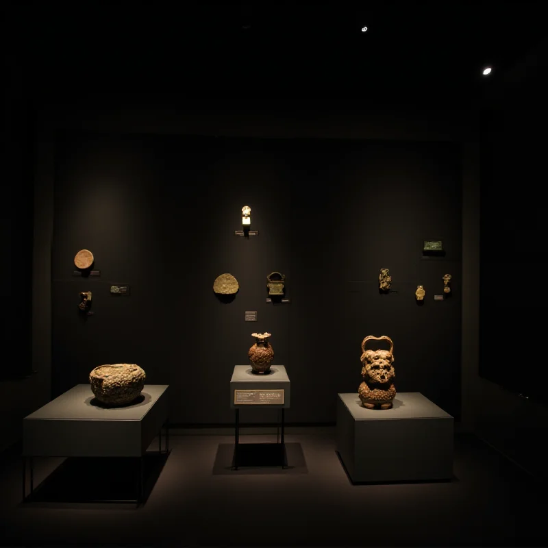 A display of ancient Chinese artifacts, including jade carvings, bronze vessels, and pottery shards, illuminated by soft museum lighting, emphasizing their historical and artistic value.