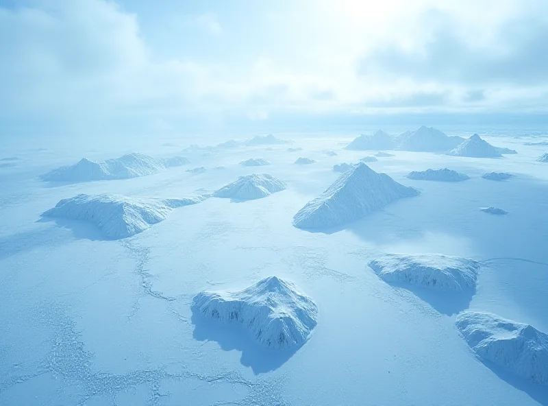 Aerial view of a vast, icy landscape in Greenland under a cloudy sky.