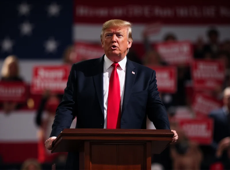 Donald Trump at a podium speaking to a crowd.