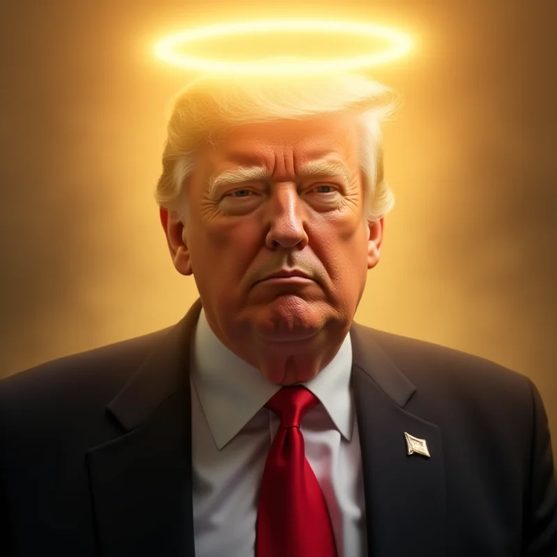 A digitally enhanced image of Donald Trump with a halo above his head.