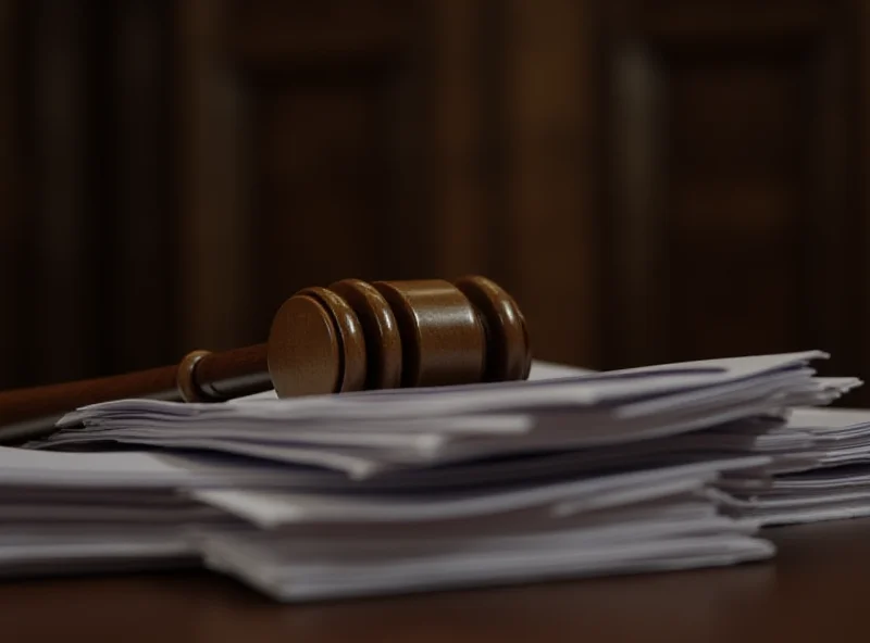 A courtroom scene with a gavel and legal documents