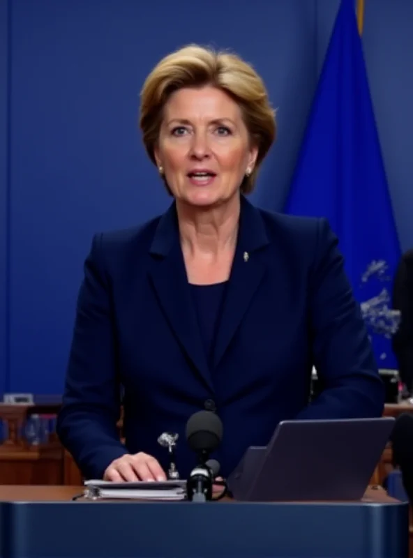 Ursula von der Leyen speaking at a podium