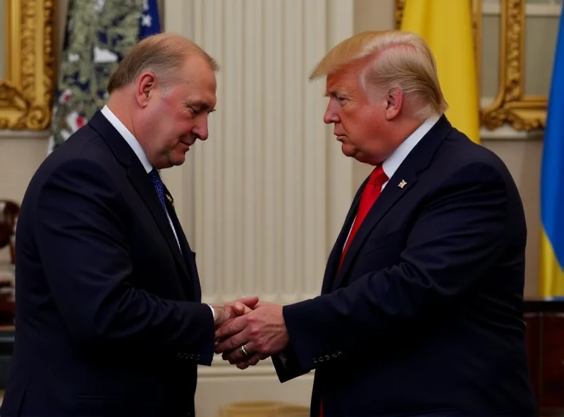 President Trump and President Zelensky shaking hands during a meeting at the White House, with the American and Ukrainian flags displayed in the background. The expressions on their faces are serious and focused.