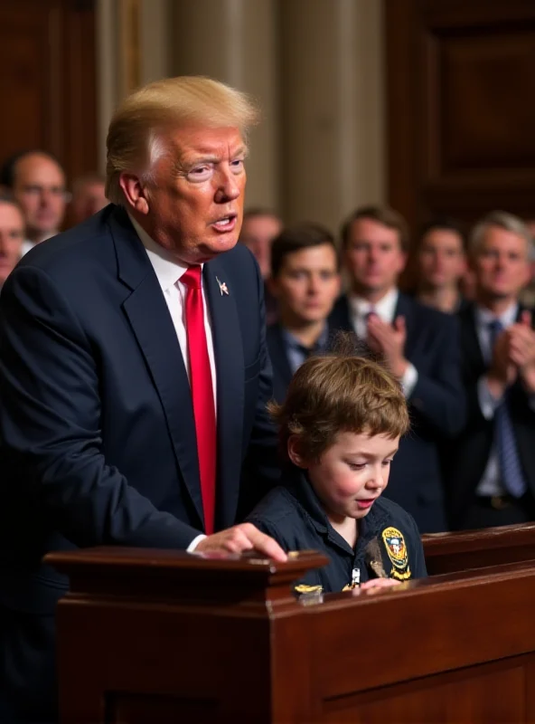 President Trump standing at a podium addressing Congress, with a young boy wearing a Secret Service badge standing beside him. The boy is smiling and appears happy, while the audience behind them applauds.