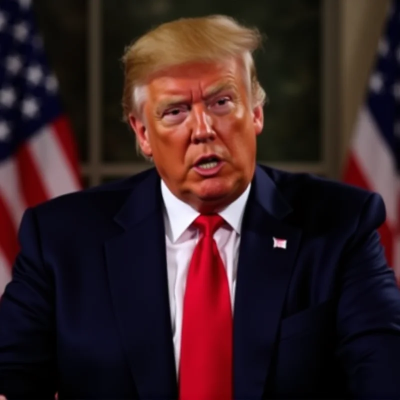 A close-up portrait of President Donald Trump speaking at a podium, with a serious expression on his face. He is wearing a dark suit and a red tie, and the American flag is visible in the background.