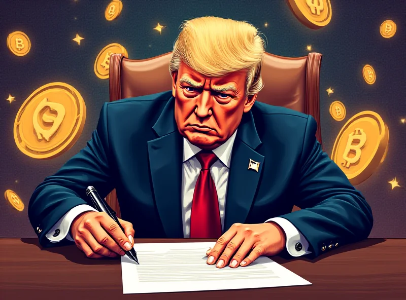 Illustration of Donald Trump signing an executive order related to Bitcoin, with digital currency symbols in the background.