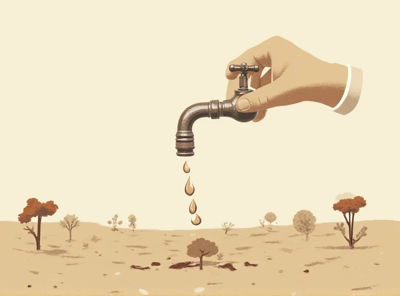 A symbolic image representing the reduction of USAID funding, showing a hand gradually turning off a faucet with drops of water (representing aid) falling into a parched land (representing affected countries).