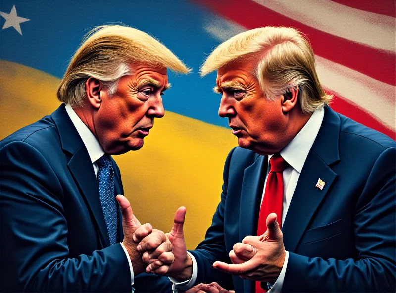 Illustration of Donald Trump and Keir Starmer debating over a map of Ukraine, with the US flag in the background.